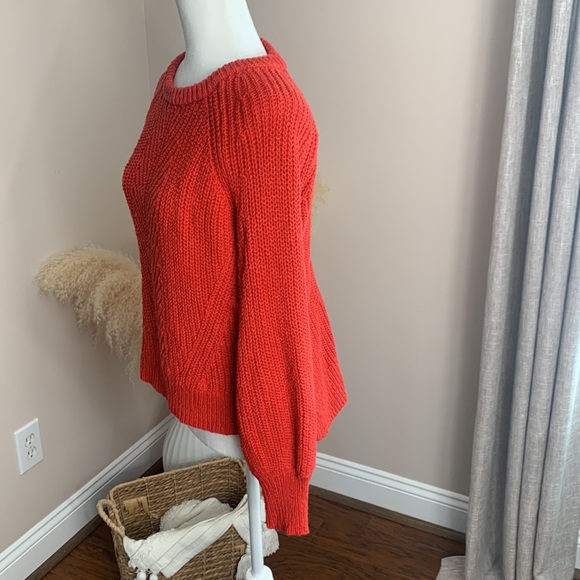MADEWELL J8667 Balloon Sleeve Crew Neck Chunky Knit Sweater Orange-Red - Picture 3 of 9